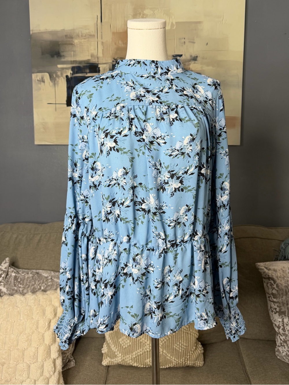 A Love Story Blue Floral High Neck Smocked Cuff Peplum Blouse Top